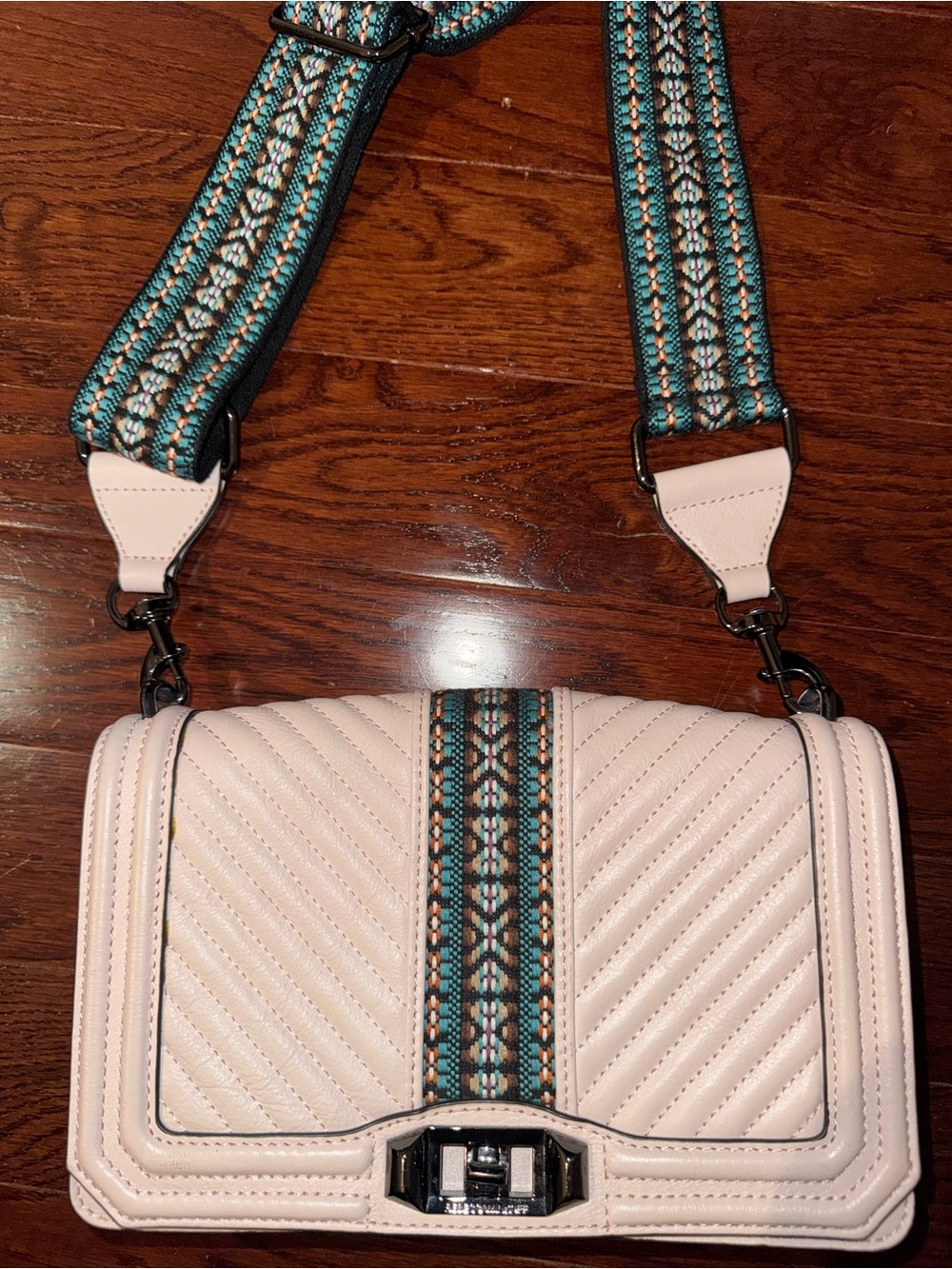 Rebecca Minkoff Quilted Light Pink Crossbody with Accent Strap